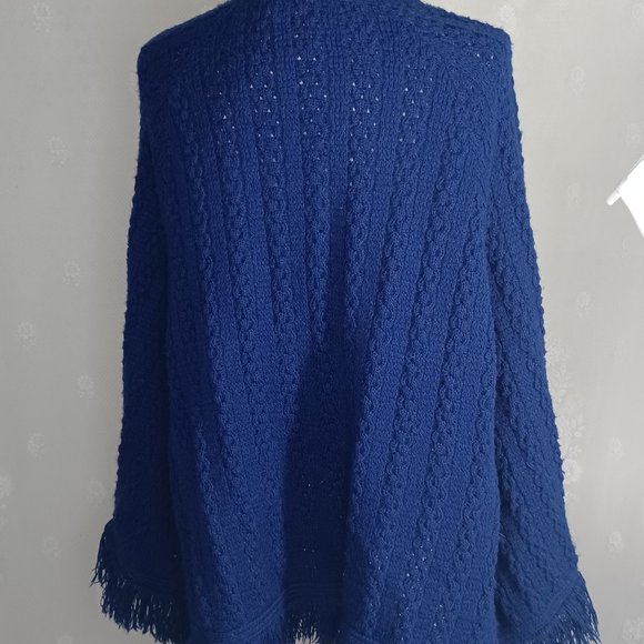 Vintage Dark Blue Acrylic Knit Button Up Fringe Poncho Cape S/M - Picture 5 of 8